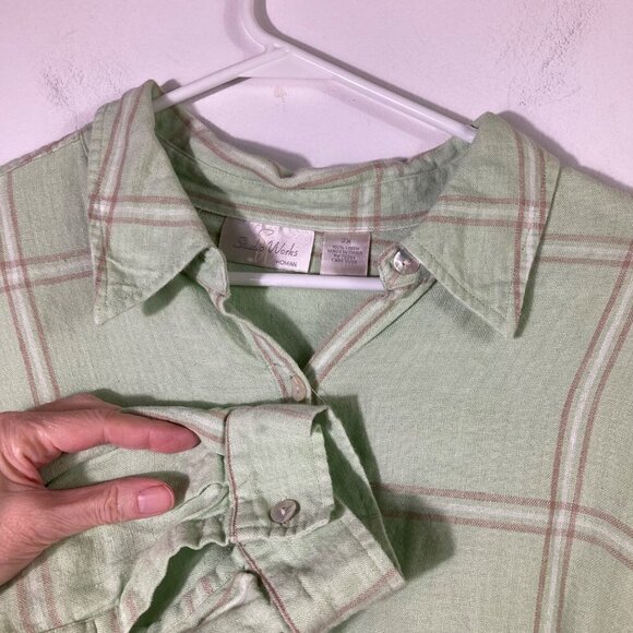 Womens Studio Works Linen Plaid Button Shirt Long Sleeve Green Brown 2X - Picture 3 of 7